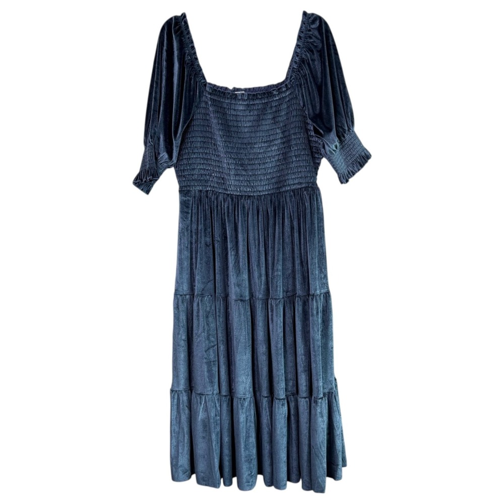 Baltic Born Smocked Velvet Midi Dress Sz 1XL Blue Tiered Puff Sleeve Whimsigoth - Picture 2 of 8